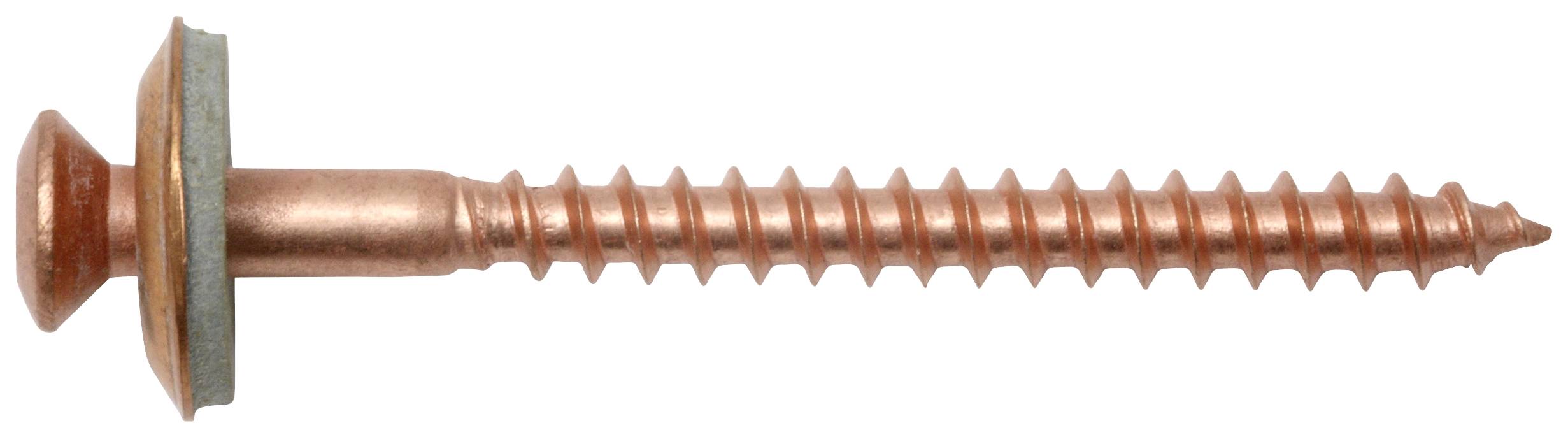 Eine einzelne Kupferschraube mit Flansch und Dichtung, horizontal ausgerichtet, zeigt eine gleichmäßige Gewindestruktur.