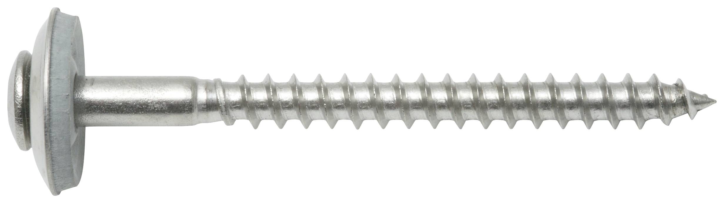 Metallschraube mit Unterlegscheibe und Gewinde, seitliche Ansicht. Geeignet für Metall- und Holzverbindungen.