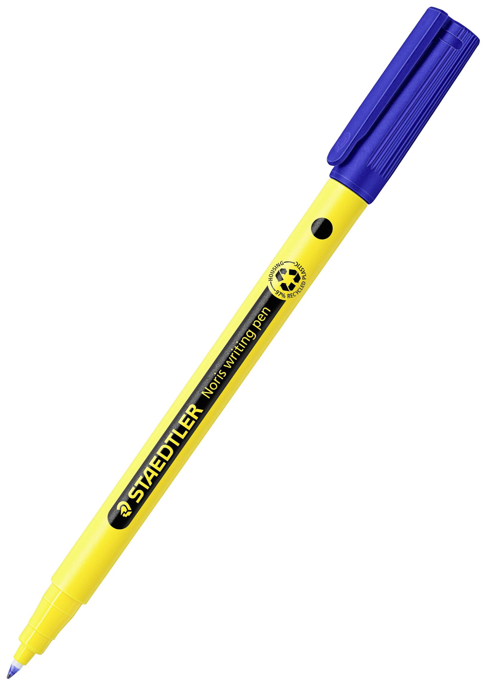 Ein gelber Filzstift mit blauer Kappe der Marke Staedtler. Aufschrift: 'Noris writing pen'. Ideal für präzises Schreiben.