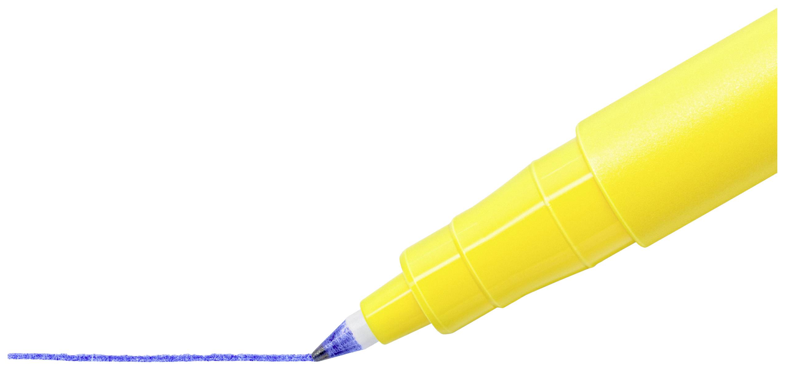 Gelber Textmarker setzt einen blauen Strich auf weißem Hintergrund.