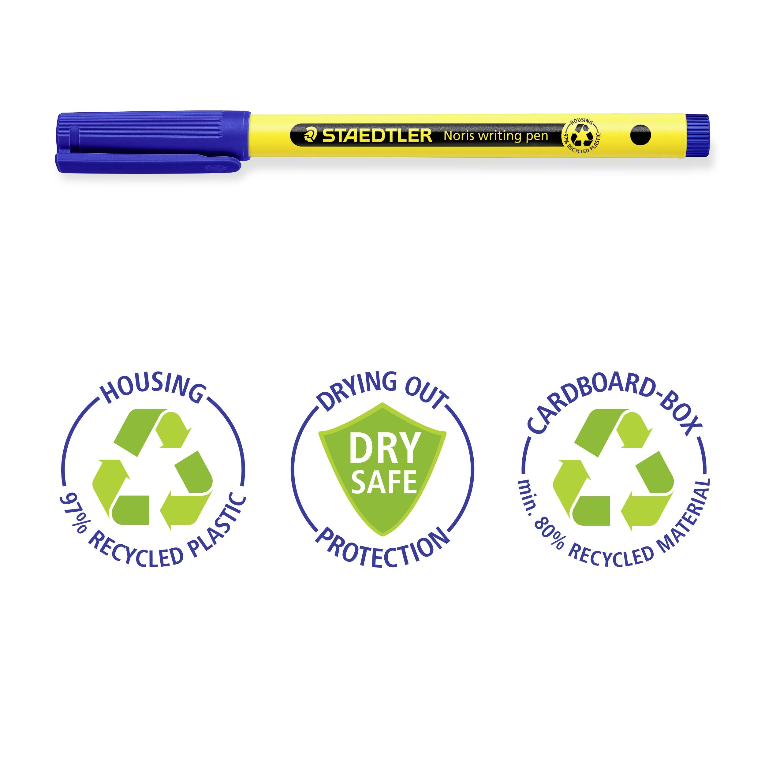 Gelber Stift mit blauer Kappe oben und die Aufschrift 'STAEDTLER Noris writing pen'. Drei Logos unten zeigen Verwendung von recyceltem Material und Schutzmaßnahmen: '90% RECYCLED PLASTIC', 'DRY SAFE', 'min. 80% RECYCLED MATERIAL'.