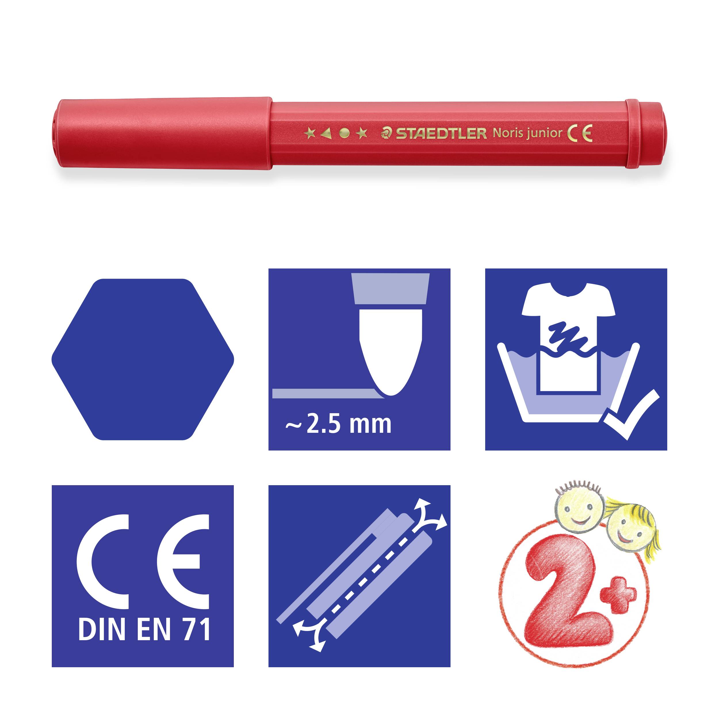 Ein roter Stift mit abgerundeter Spitze, 2,5 mm Breite. CE- und EN 71-Zertifizierung. Geeignet für Kinder ab 2 Jahren. Sechseckige Kappe.