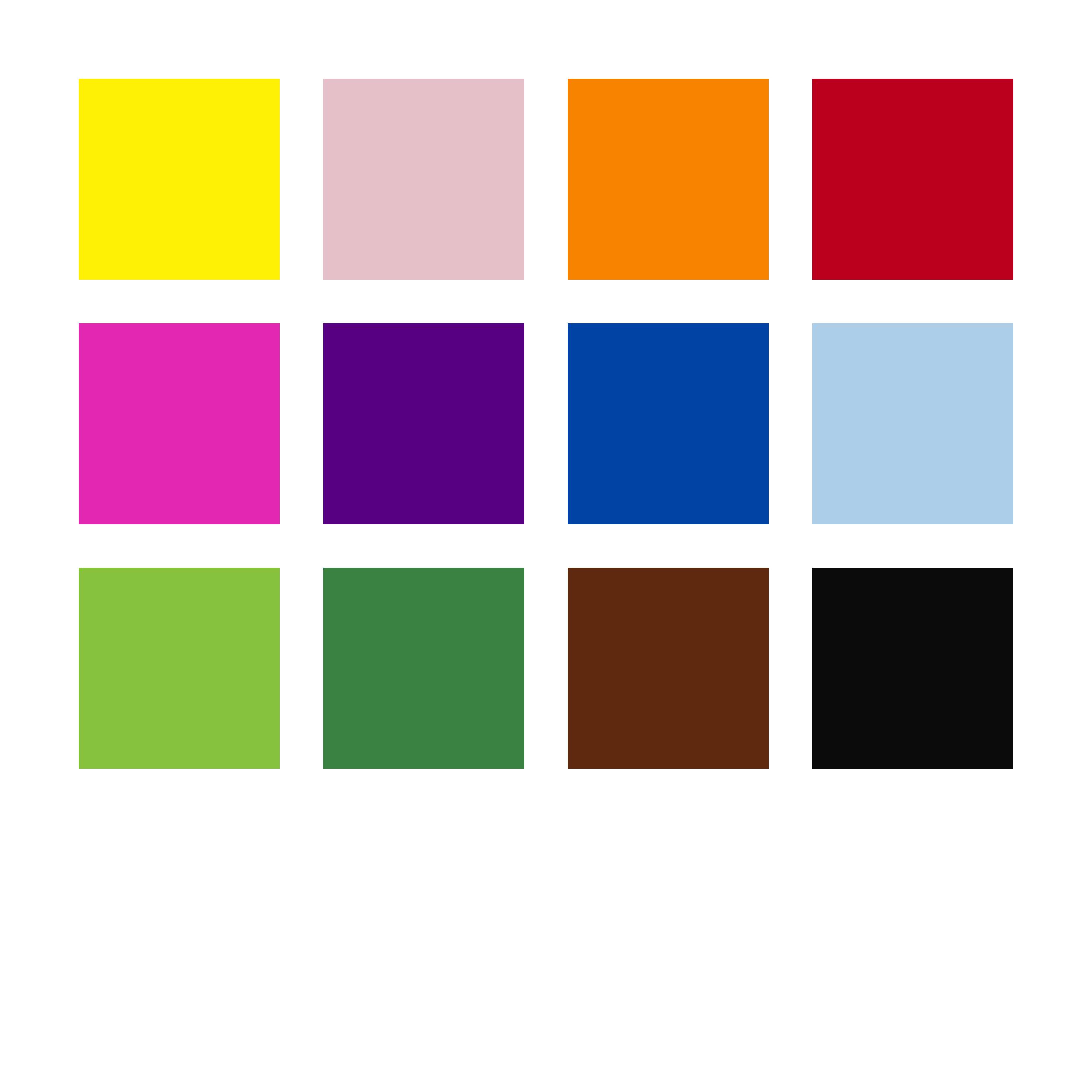 Zwölf quadratische Farbblöcke in drei Reihen: gelb, rosa, orange, rot, pink, lila, blau, hellblau, grün, dunkelgrün, braun, schwarz.