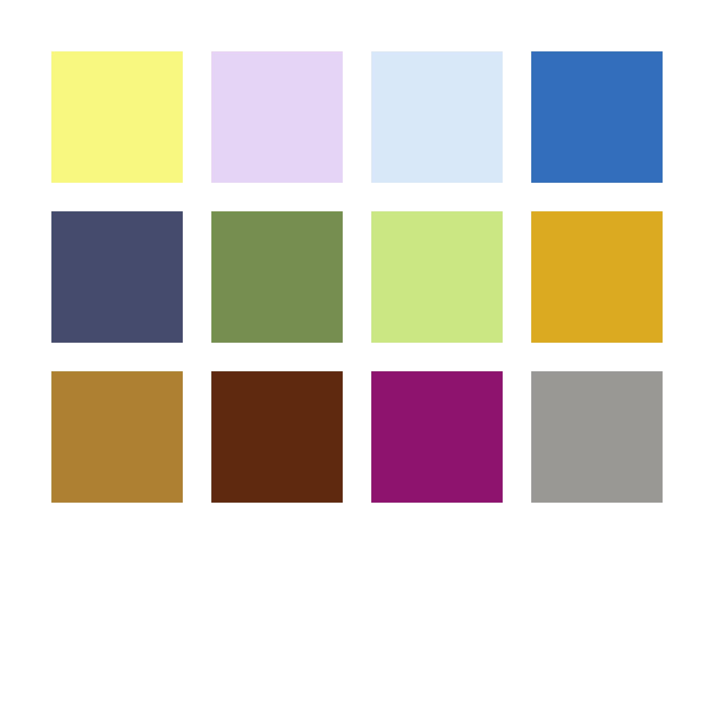 Zwölf Farbfelder in drei Reihen: Gelb, Hellviolett, Hellblau, Blau; Dunkelblau, Grün, Hellgrün, Ocker; Braun, Dunkelbraun, Magenta, Grau.