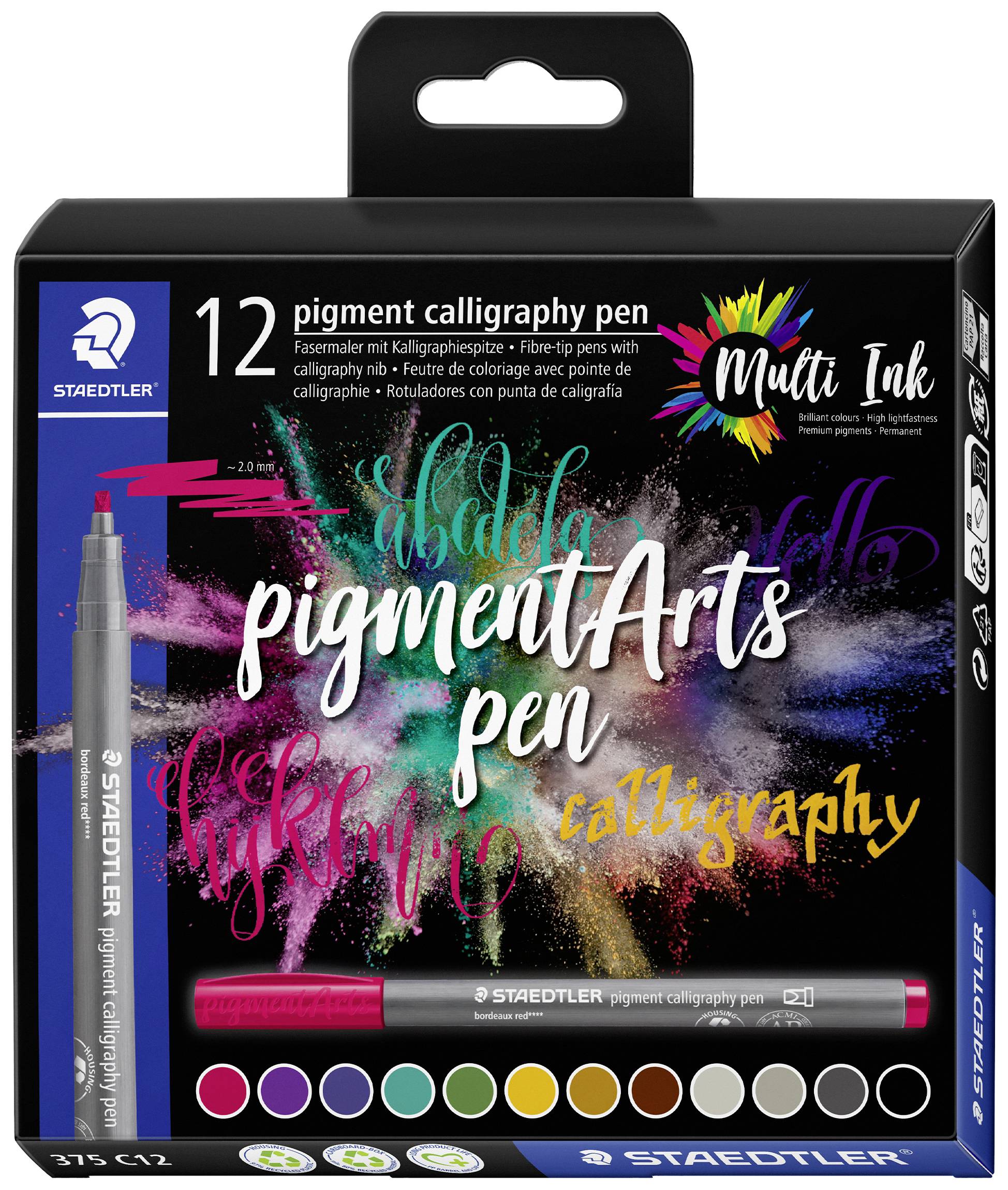 'Staedtler pigmentArts pen', 12 Farben, Kalligrafie-Stifte-Set mit farbigem Schriftzug auf schwarzem Hintergrund, Verpackungsdesign.