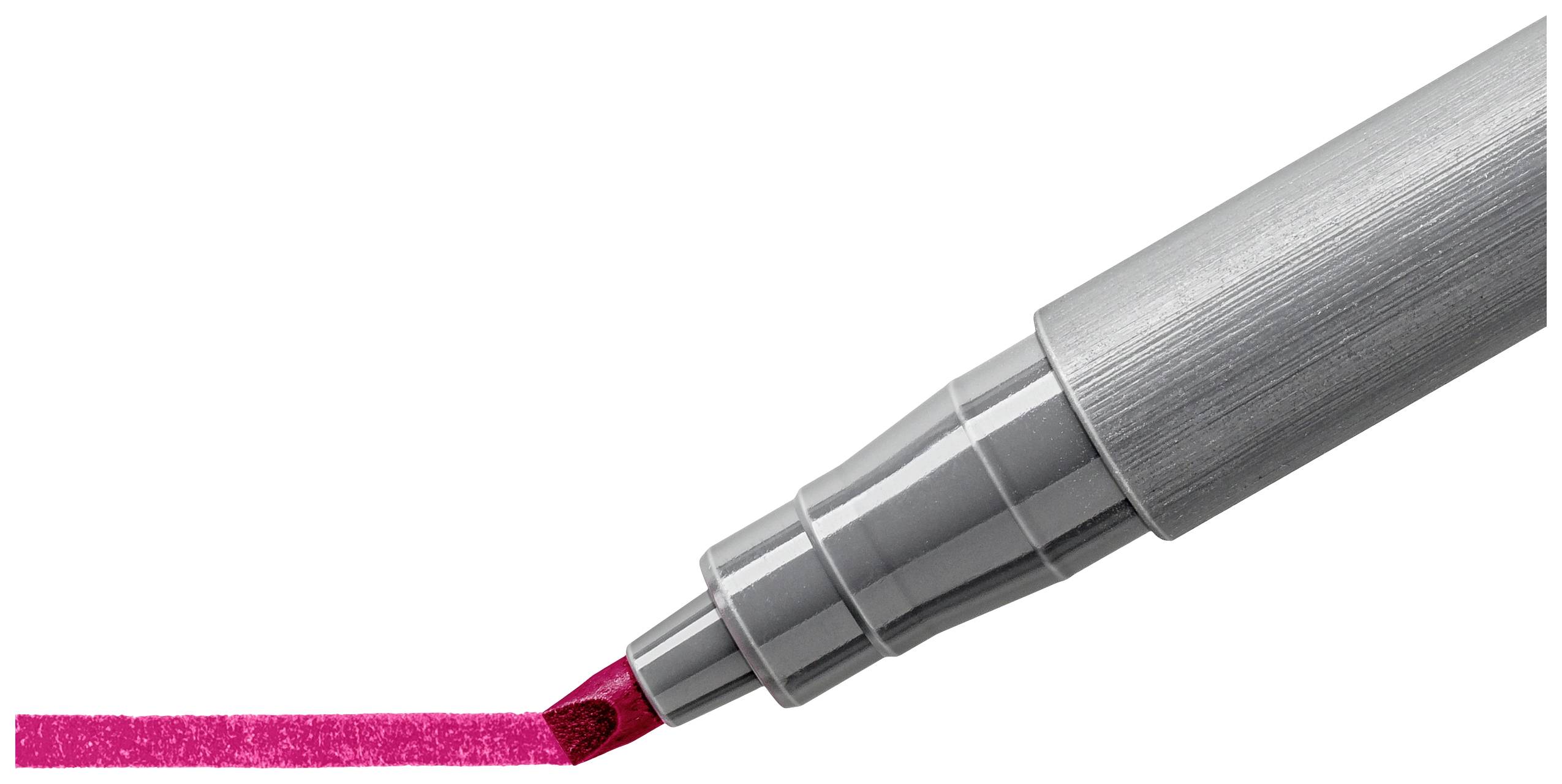 Metallener Filzstift malt eine pinke Linie auf weißem Hintergrund.
