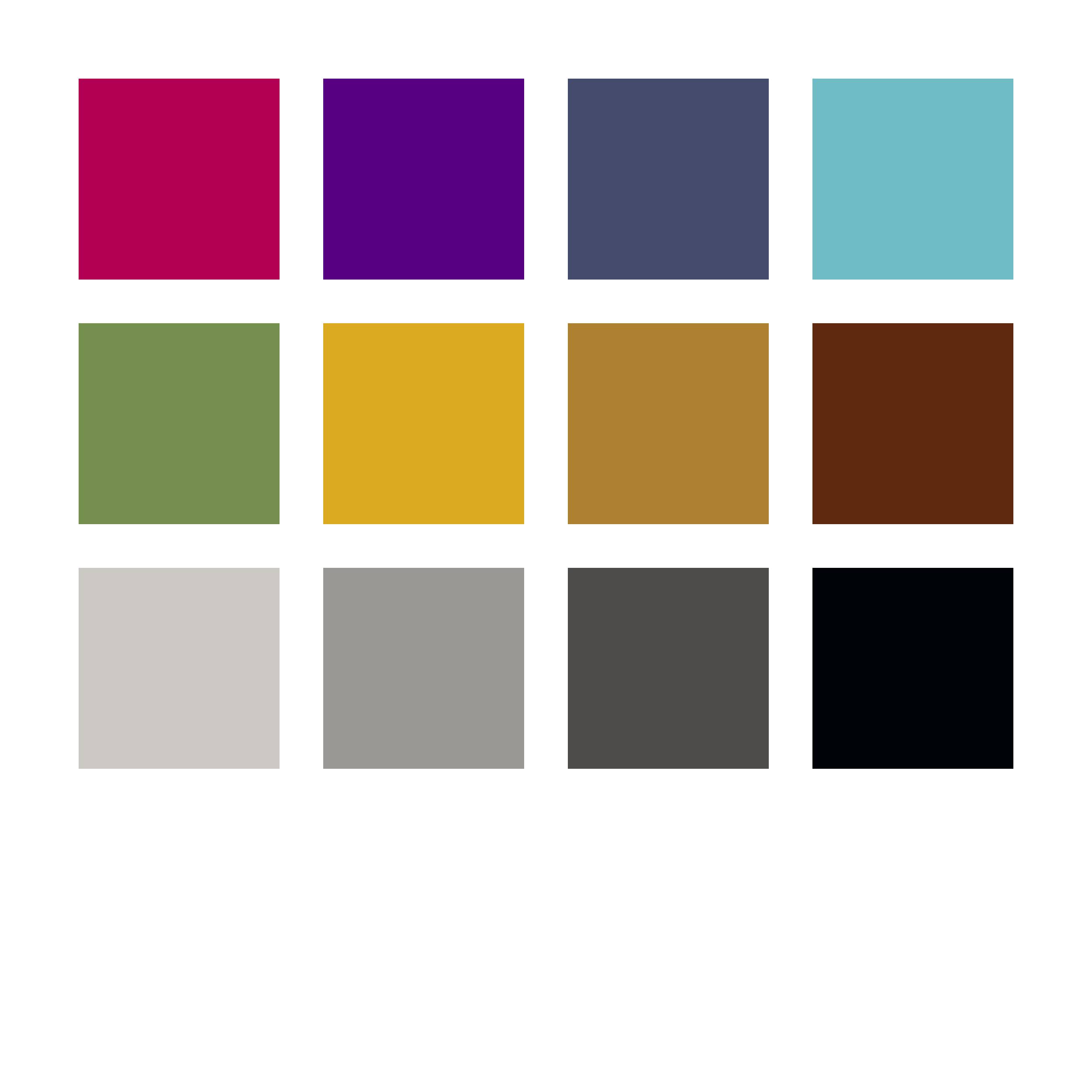 Zwölf quadratische Farbfelder in drei Reihen. Farben umfassen Rot, Violett, Blau, Türkis, Grün, Gelb, Braun, Beige, Grau, Schwarz.