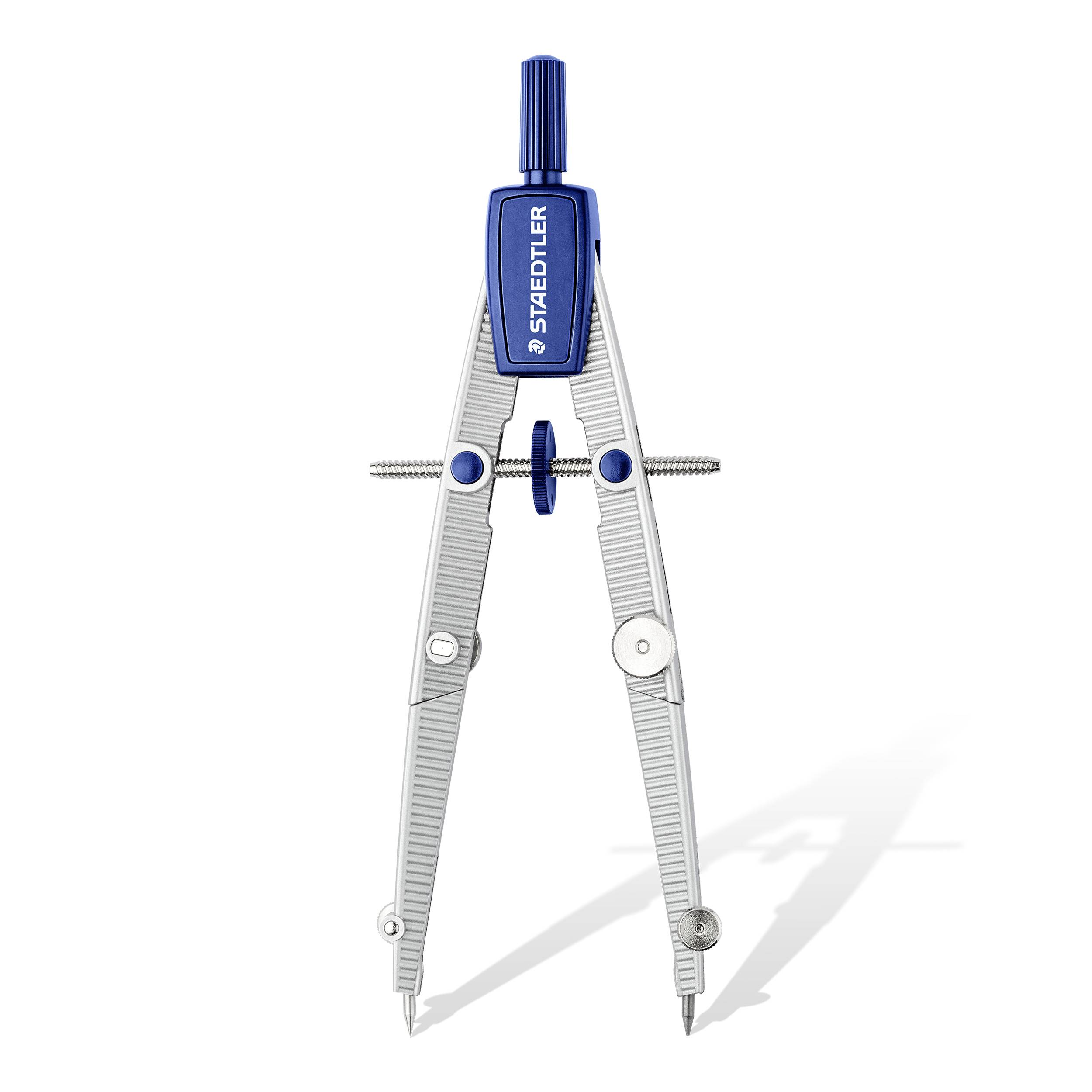 Ein silberner Zirkel mit blauem Griff, genutzt zum Zeichnen von Kreisen.