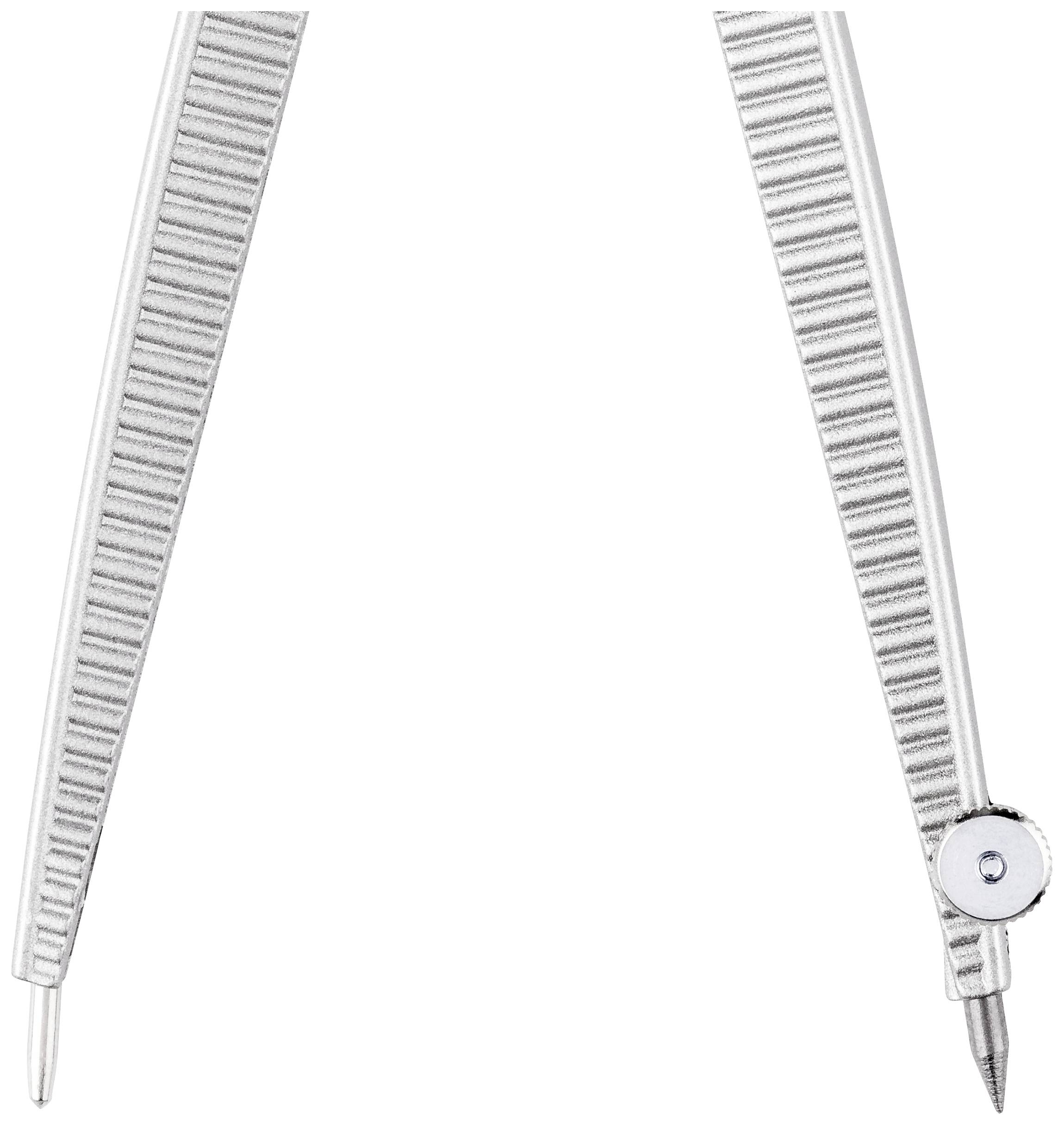 Ein geometrischer Zirkel aus Metall, geöffnet, mit gerippten Griffen und einem Einstellrad an einem Schenkel.