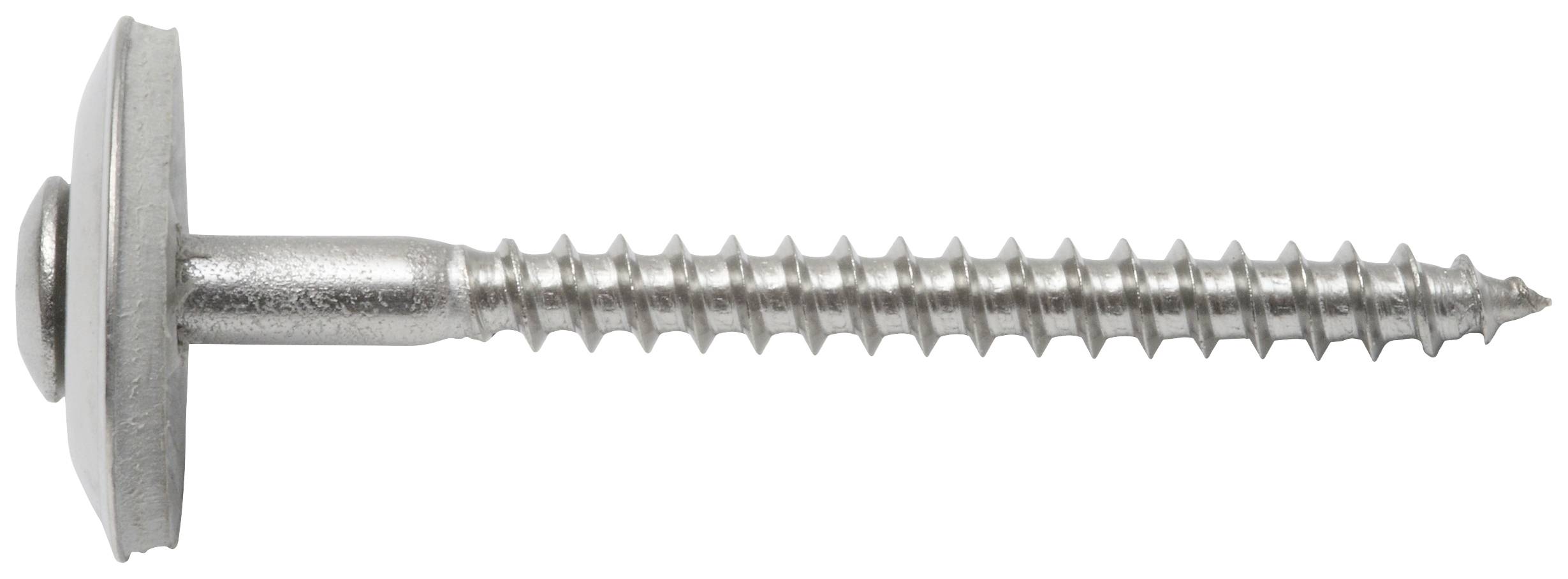 Metallschraube mit flachem Kopf und Gewinde, horizontal ausgerichtet.