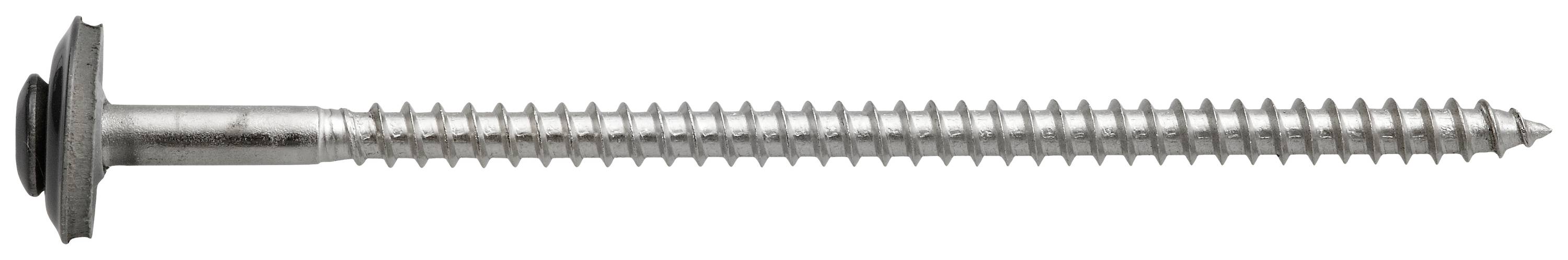 Eine lange silberne Schraube mit gleichmäßigen Gewinden und einem flachen Kopf wird horizontal gezeigt.