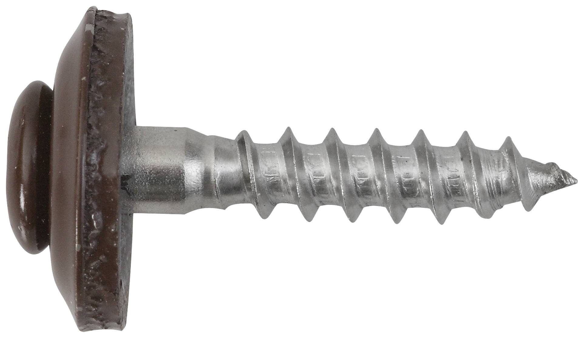 Metallschraube mit braunem Kopf, liegend. Geeignet für Befestigungen in Holz oder Metall, häufig in Dachkonstruktionen verwendet.