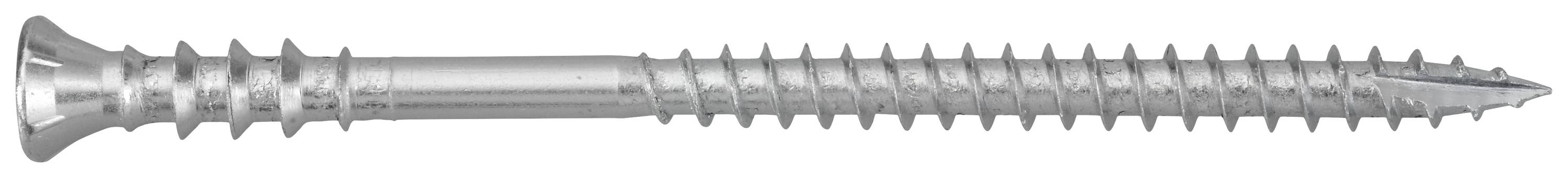 Silberne Schraube mit Senkkopf und Gewinde entlang des Schafts, isoliert auf weißem Hintergrund.