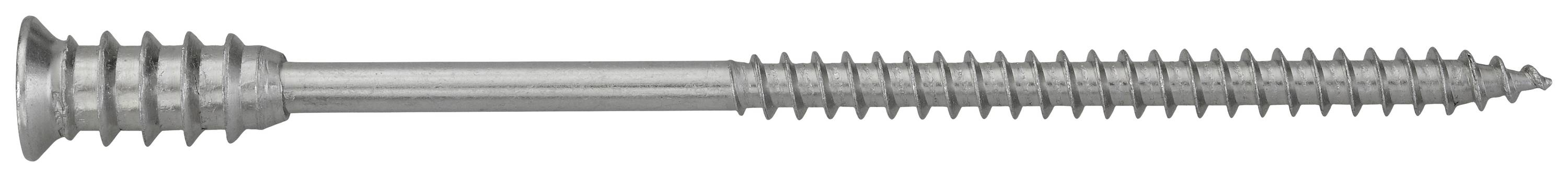 Silberne Metallschraube mit Gewinde, flachem Kopf und Spitze. Geeignet für Holz- oder Metallverbindungen in Bauprojekten.