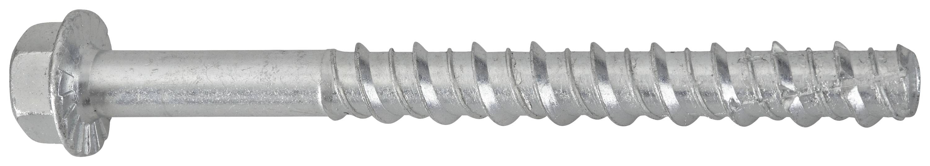 Ein silberner Schraubanker mit Sechskantkopf und spiralförmigen Gewinde, geeignet für feste Verankerungen in Beton oder Mauerwerk.