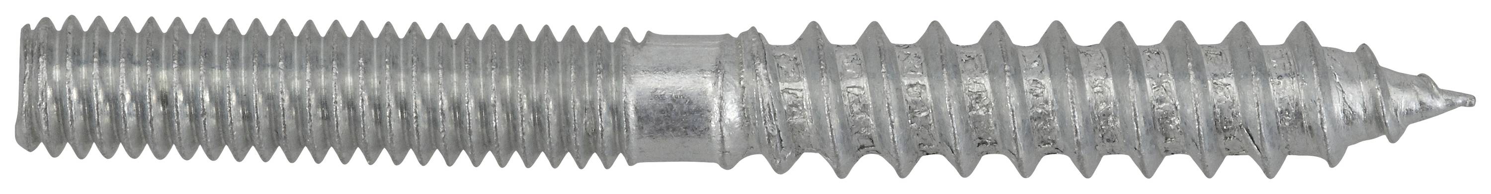 Ein verzinkter Gewindestift mit zwei verschiedenen Gewindearten, links metrisches und rechts Holzgewinde.