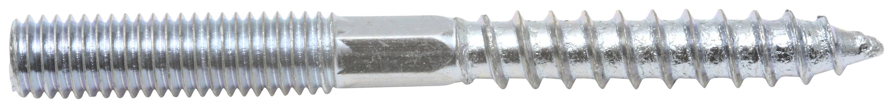 Ein zweiseitiger Gewindestift, links mit metrischem Gewinde und rechts mit Holzgewinde, aus Metall, silberfarben.