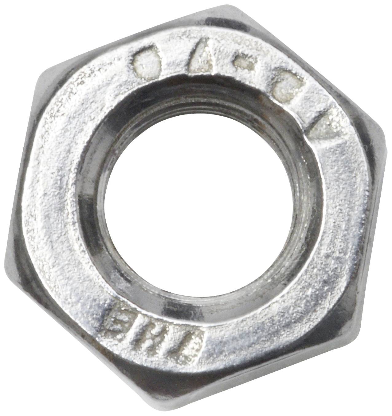 Sechskantmutter aus Metall, silbrig glänzend, zeigt Prägung auf der Oberfläche.