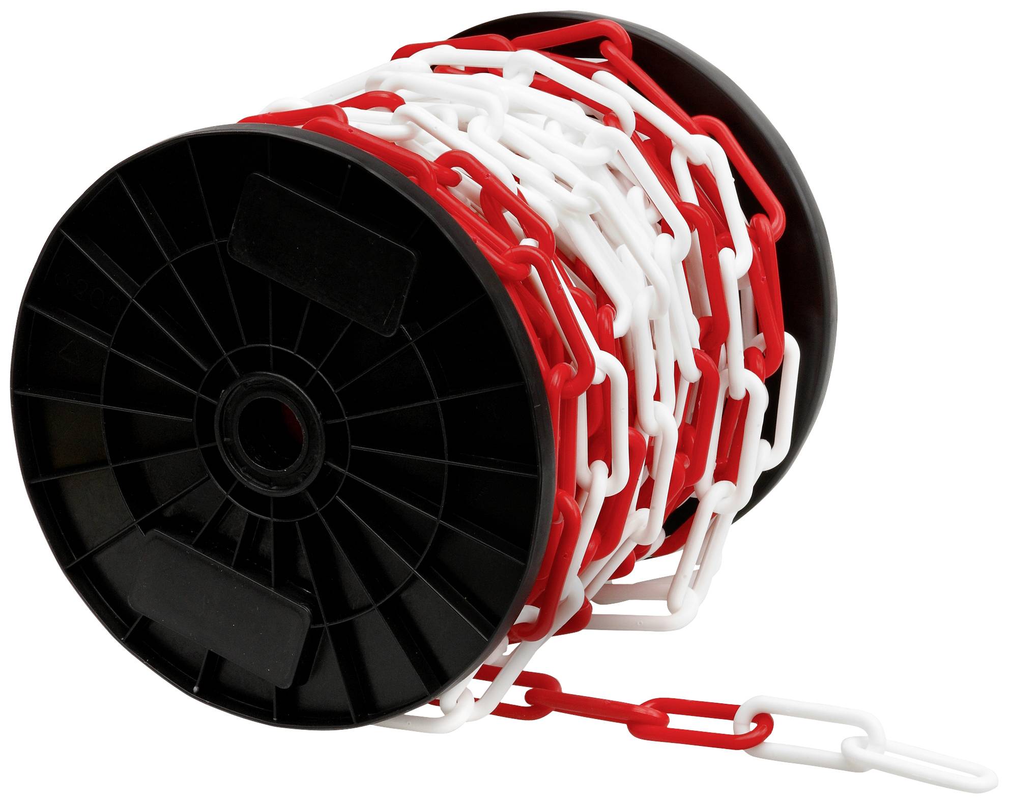 Schwarze Spule mit rot-weißer Kunststoffkette, aufgerollt und teils herunterhängend.