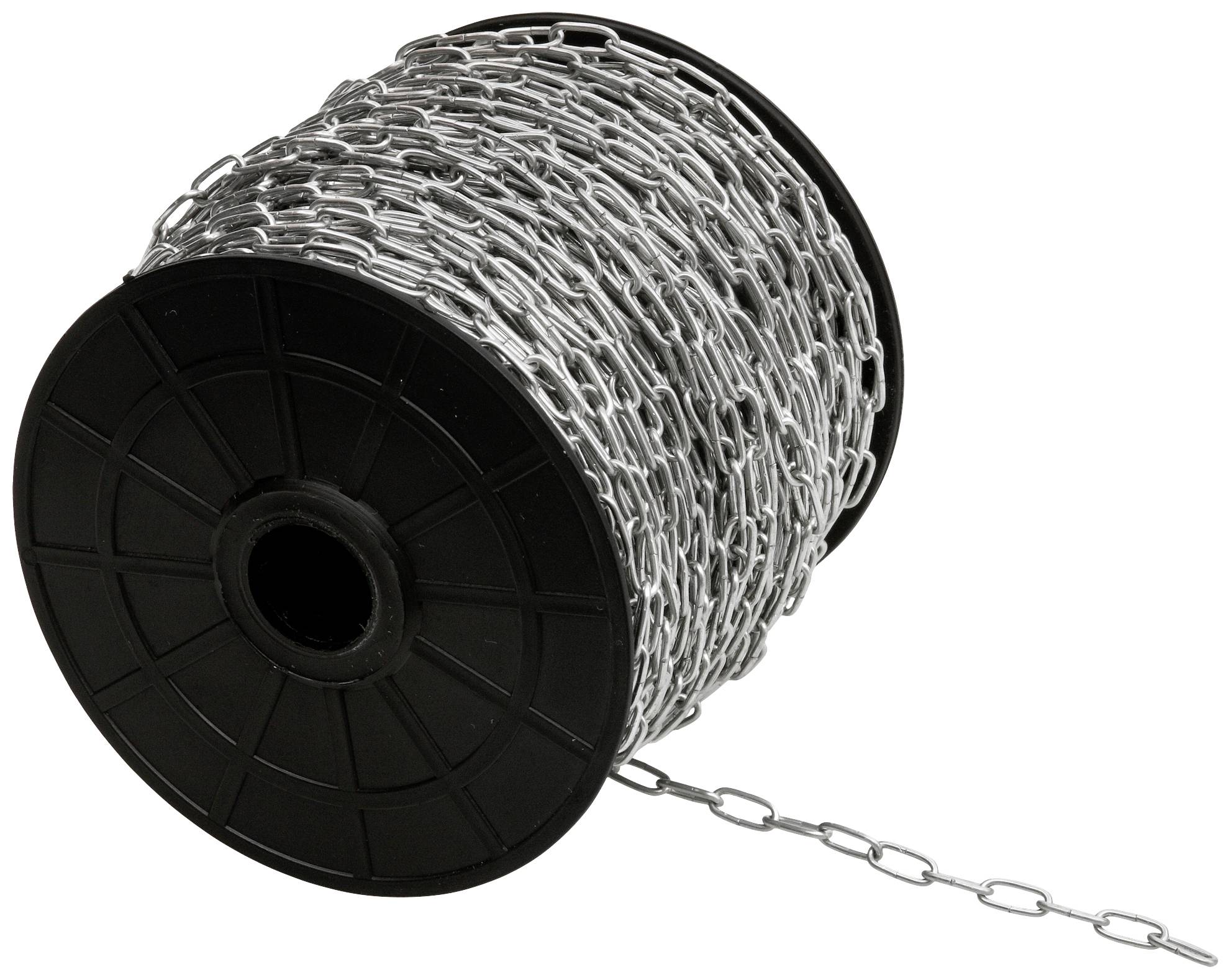 Eine große Spule mit aufgewickelter Metallkette, die langsam entfaltet wird.