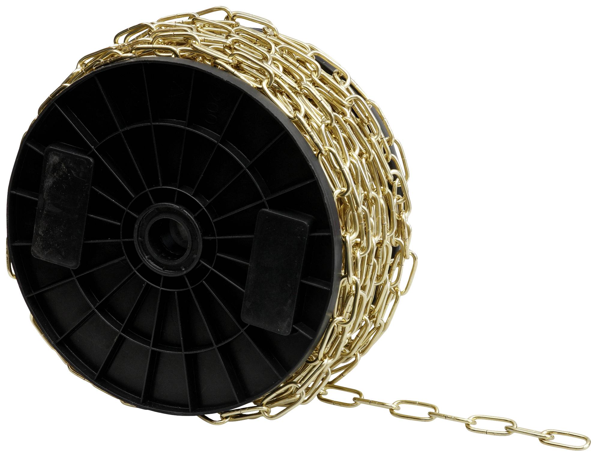 Goldene Kette auf einer großen schwarzen Spule, teilweise abgerollt, vor weißem Hintergrund.