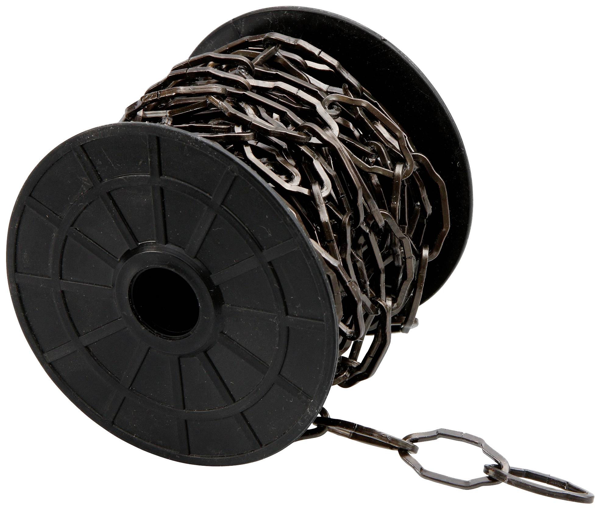 Eine schwarze Spule mit aufgewickelter dunkler Kette, lose Kettenstücke hängen seitlich herunter.