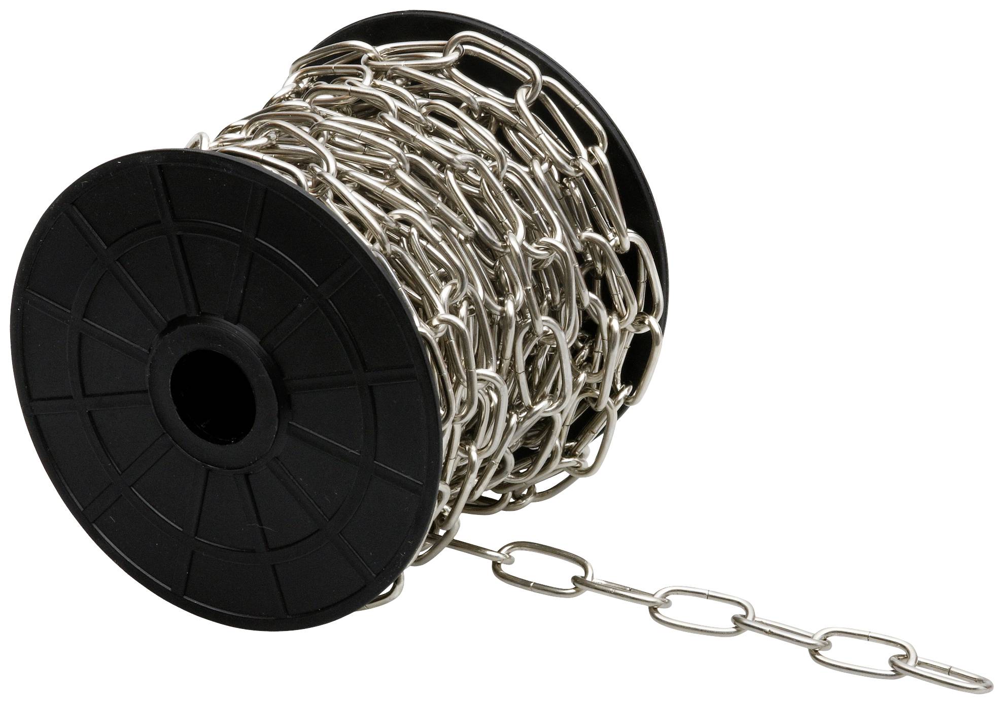Eine schwarze Spule mit aufgewickelter silberner Kette, die sich teilweise abgerollt hat.