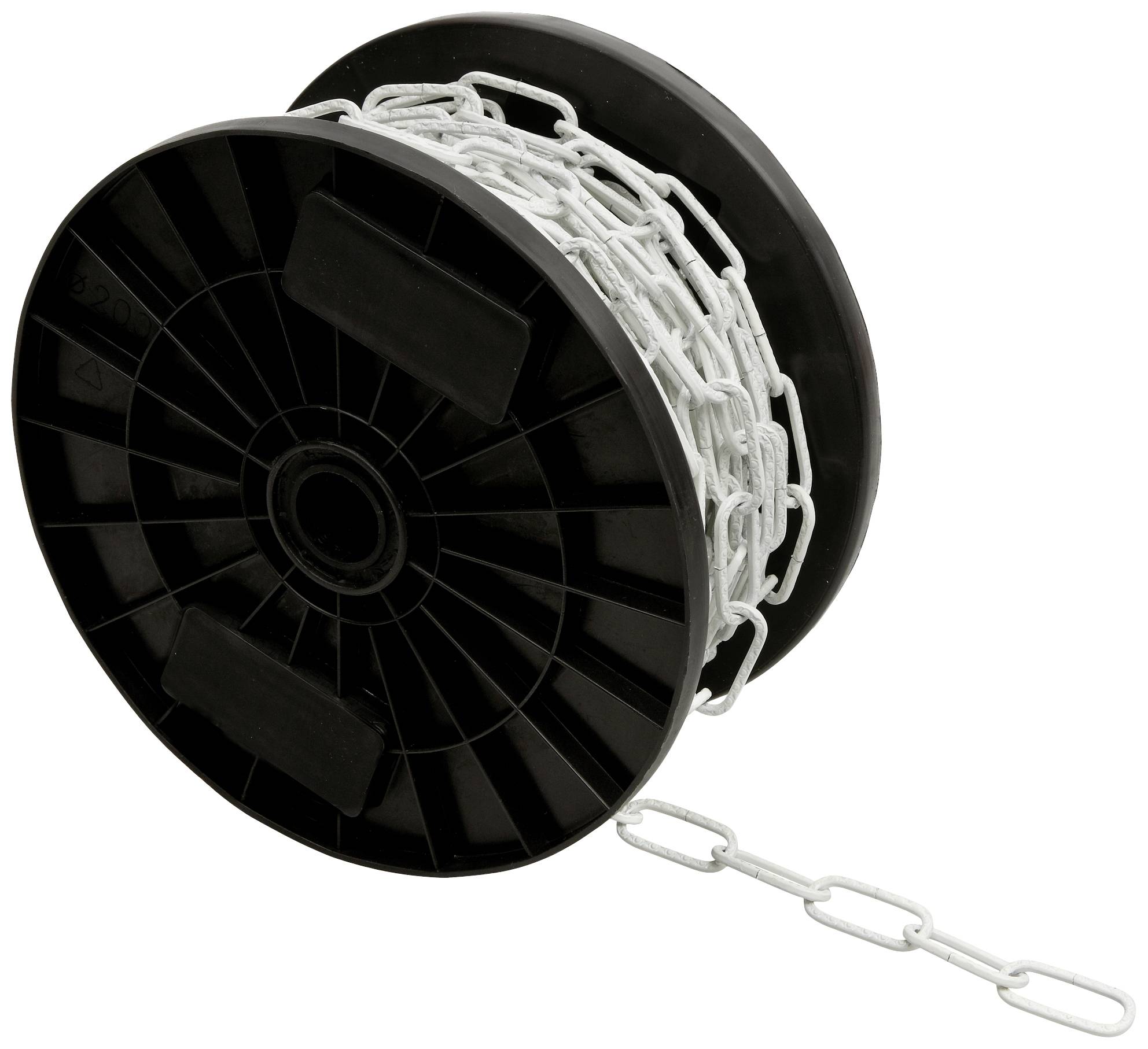 Eine schwarze Spule mit weißer Kunststoffkette, die teilweise abgerollt ist. Die Spule steht aufrecht und zeigt die Struktur der Kette.