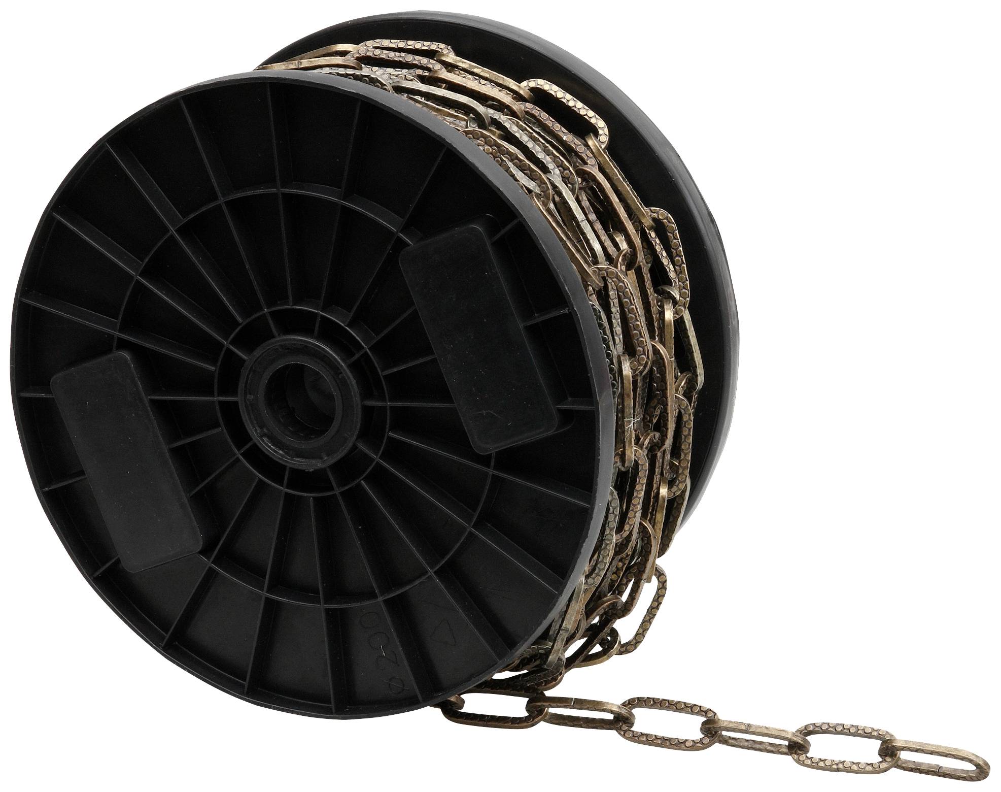 Rolle mit bronzefarbener Kette, teilweise abgewickelt, auf schwarzem Kunststoffspulenkern.