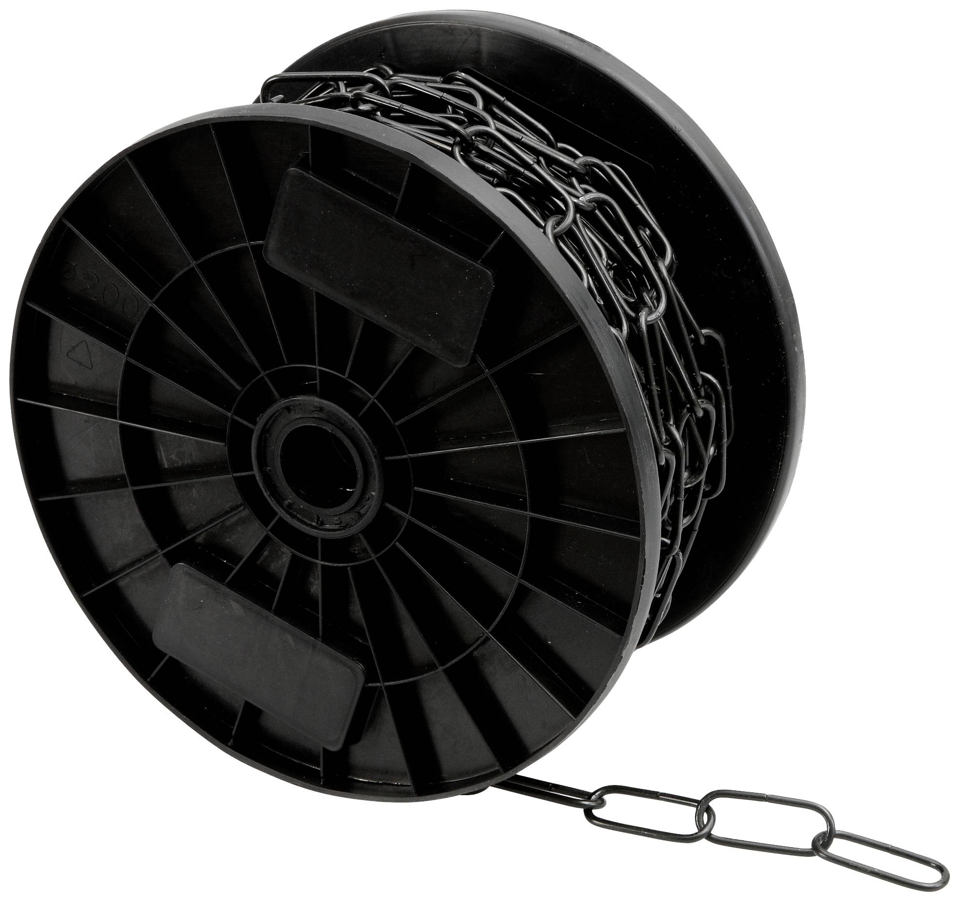 Eine schwarze Kunststoffspule mit aufgewickelter Metallkette ist zu sehen. Die Kette ragt leicht aus der Spule heraus.