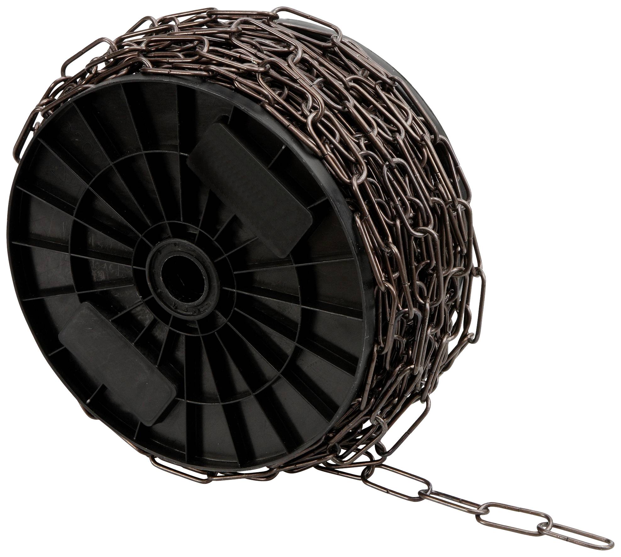 Eine Rolle aus schwarzem Kunststoff, um die ein Stahldraht gewickelt ist. Der Draht hängt leicht von der Rolle herunter.