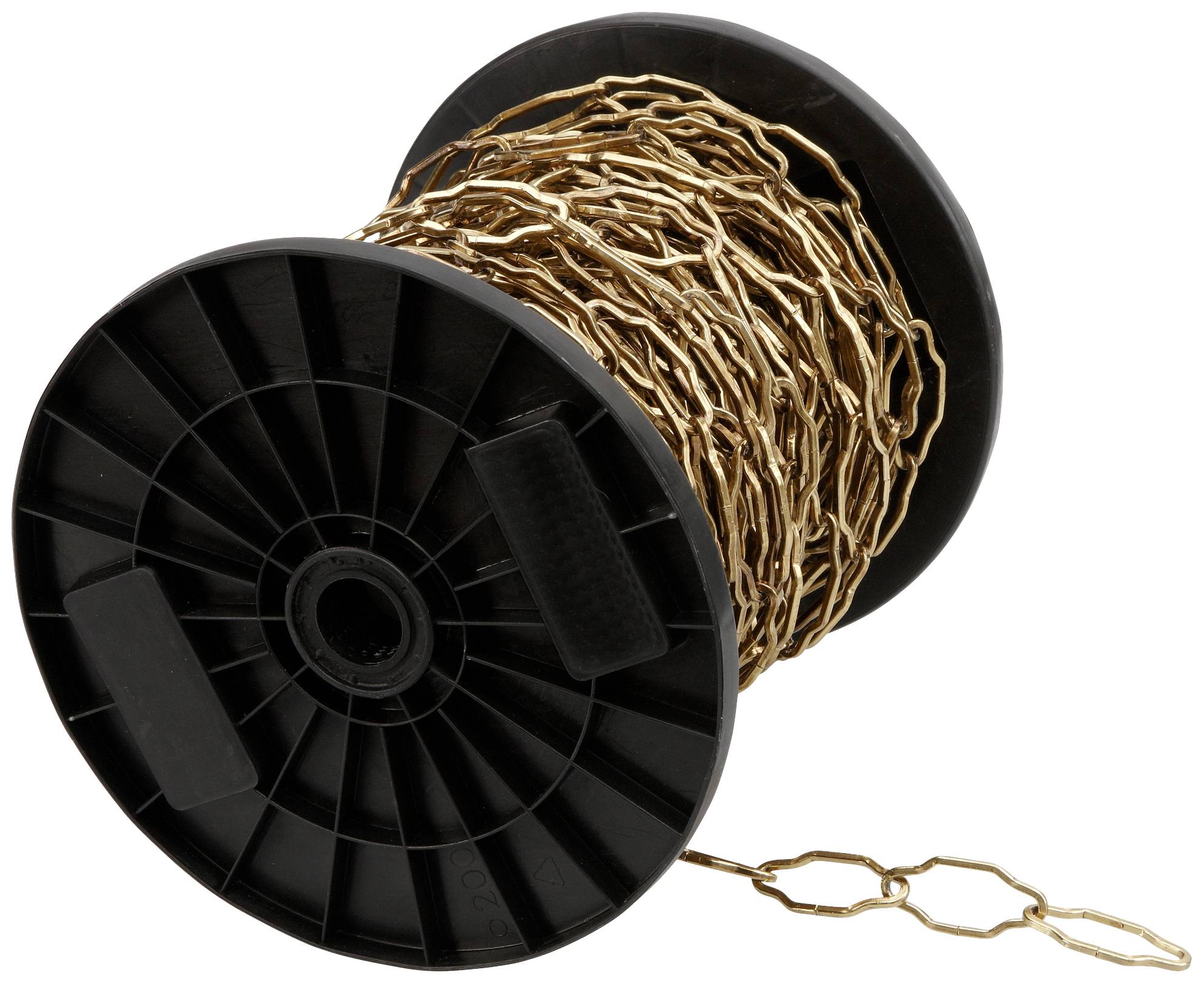 Schwarze Kunststoffspule mit aufgerolltem, goldenem Kettenband.