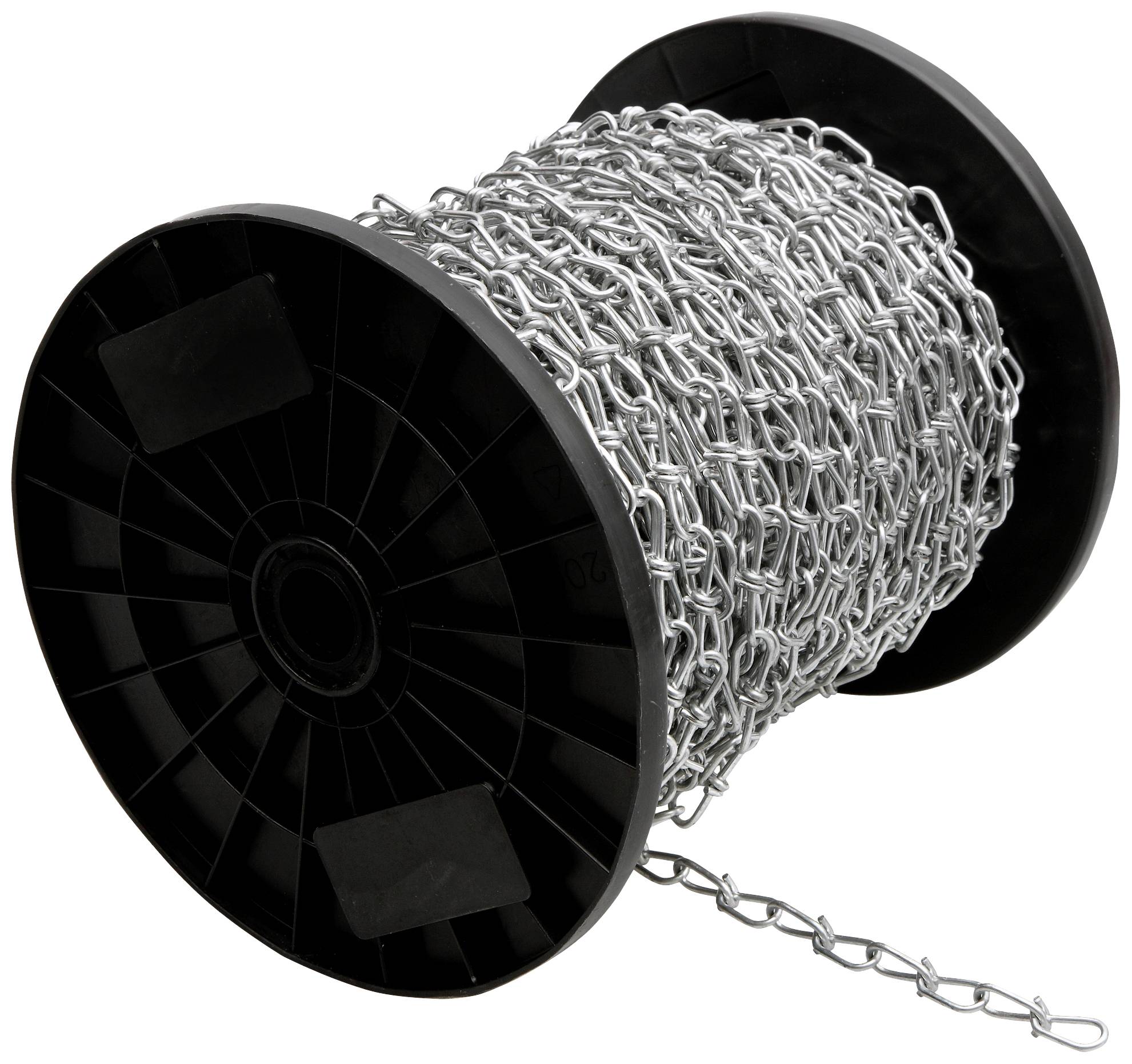 Eine schwarze Kunststoffspule, auf der eine lange Metallkette aufgewickelt ist.