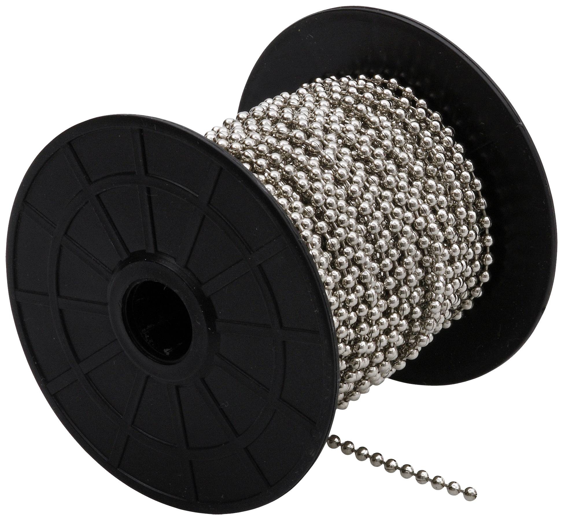 Spule mit silberner Kugelkette, geeignet für Dekoration oder Schmuckherstellung, auf einer schwarzen Kunststoffrolle.