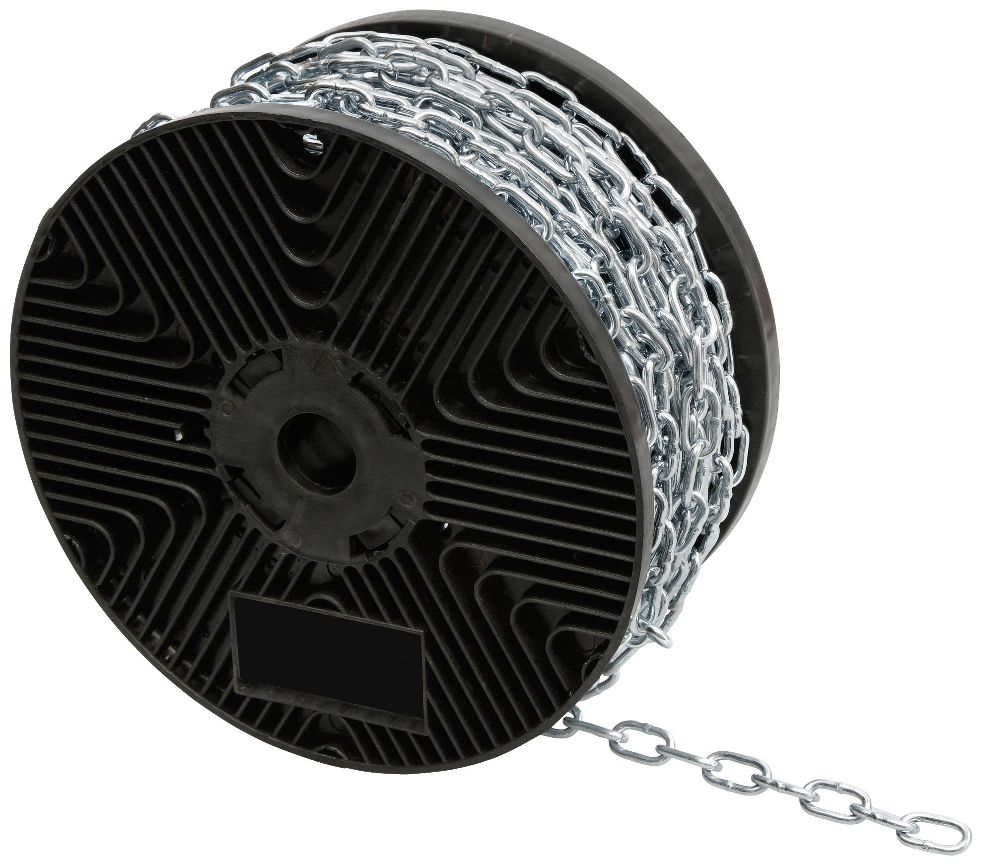 Metallkette auf einer großen schwarzen Kunststoffspule, die sich abrollt. Die Kette scheint stabil und für schwere Lasten geeignet.