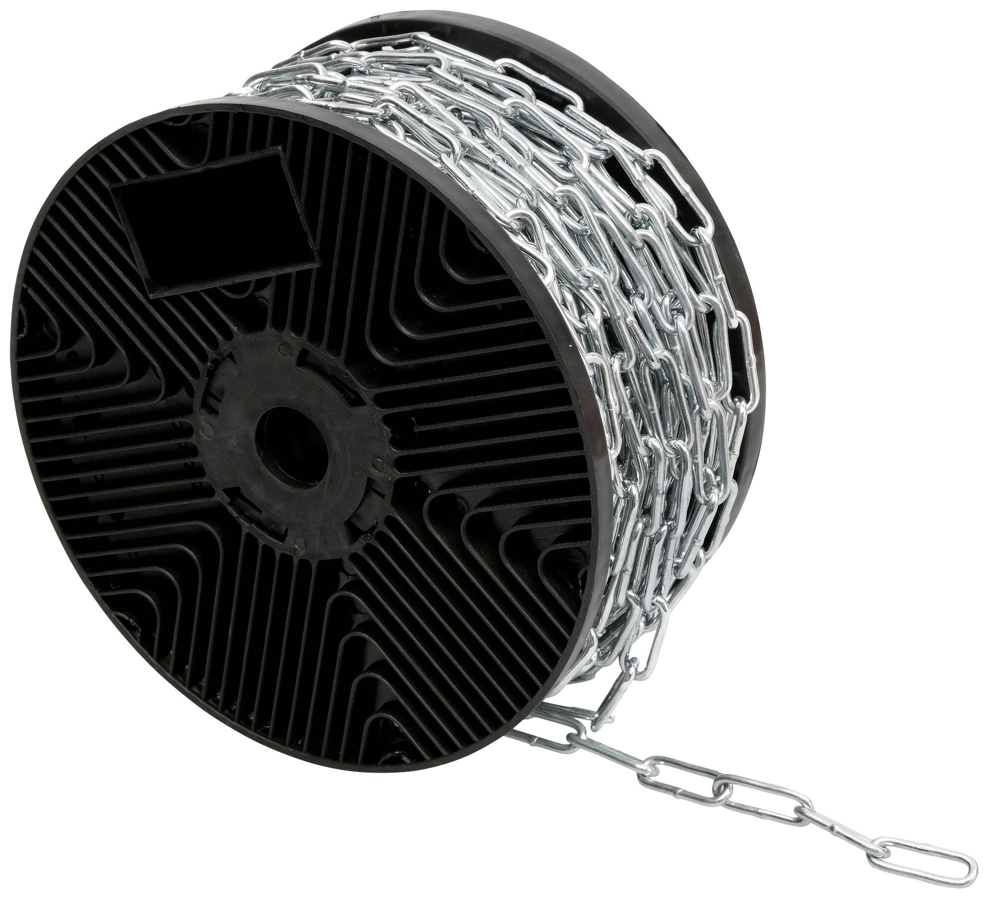 Kunststoffspule mit aufgewickelter Metallkette. Ein Teil der Kette hängt locker herunter.