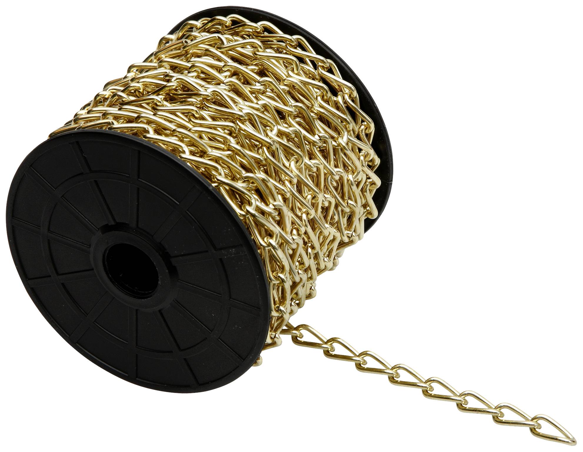 Eine schwarze Spule mit einer aufgewickelten, goldfarbenen Kette, deren Ende lose herunterhängt.