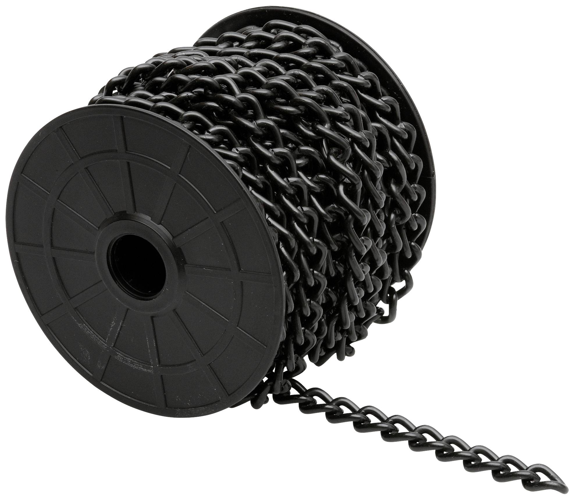 Eine große Rolle mit schwarzer Kette, die aufgewickelt ist und von der eine kurze Kettenlänge abwickelt.