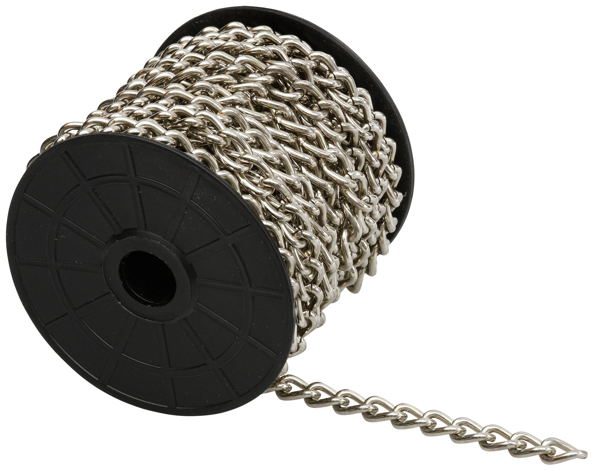 Eine Metallkette, aufgewickelt auf einer schwarzen Kunststoffrolle, Ende der Kette hängt lose herunter.