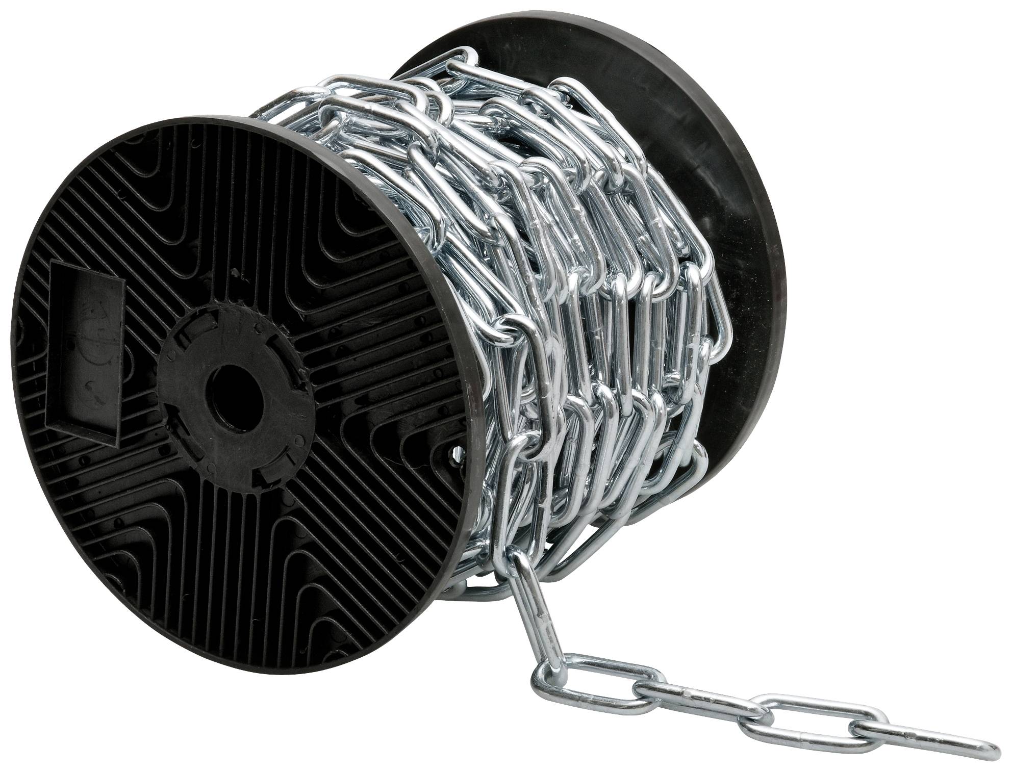 Eine schwarze Rolle aus Kunststoff, auf der eine lange Kette aus Metall aufgewickelt ist. Ein Stück der Kette hängt locker herunter.