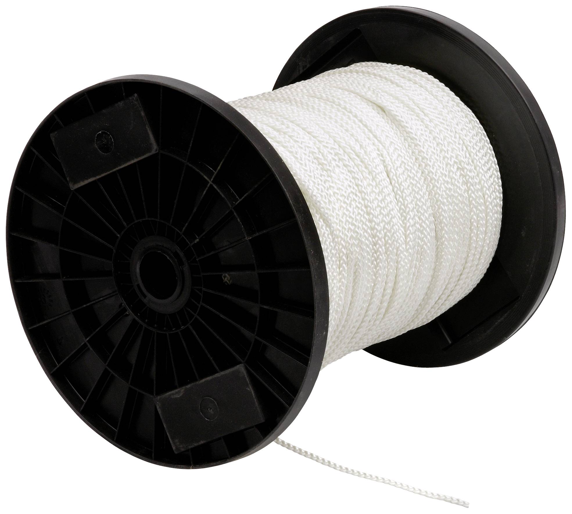 Weiße Schnur auf einer schwarzen Kunststoffspule, bereit zum Gebrauch.