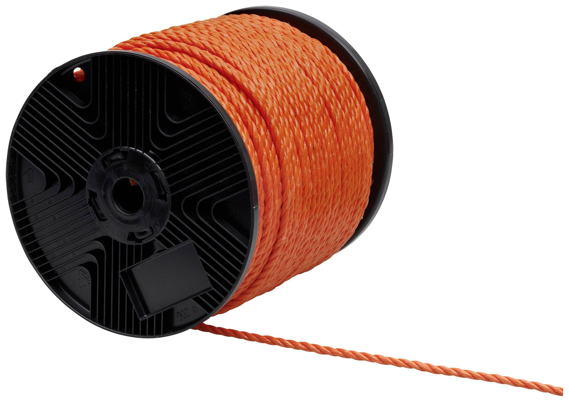 Eine schwarze Spule, die mit orangem Seil aufgewickelt ist, steht leicht schräg, wodurch ein Teil des Seils abgerollt sichtbar ist.