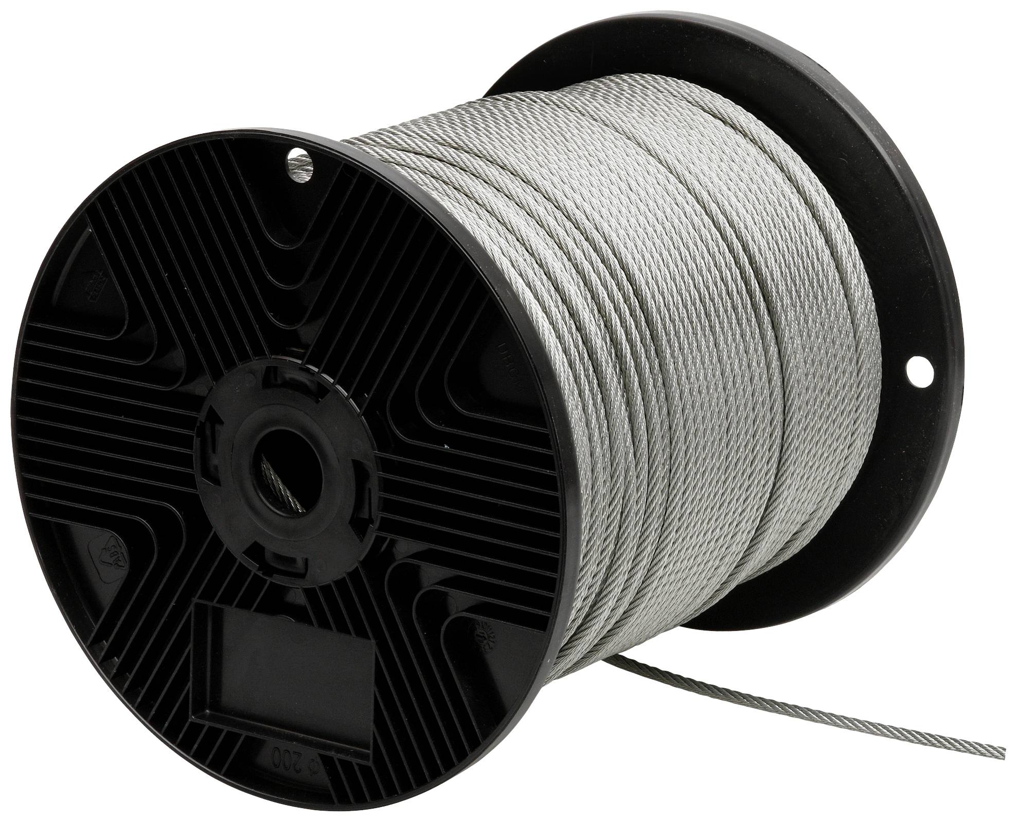 Eine Rolle mit grauem Drahtseil, das auf einer schwarzen Spule aufgewickelt ist. Geeignet für industrielle Anwendungen.