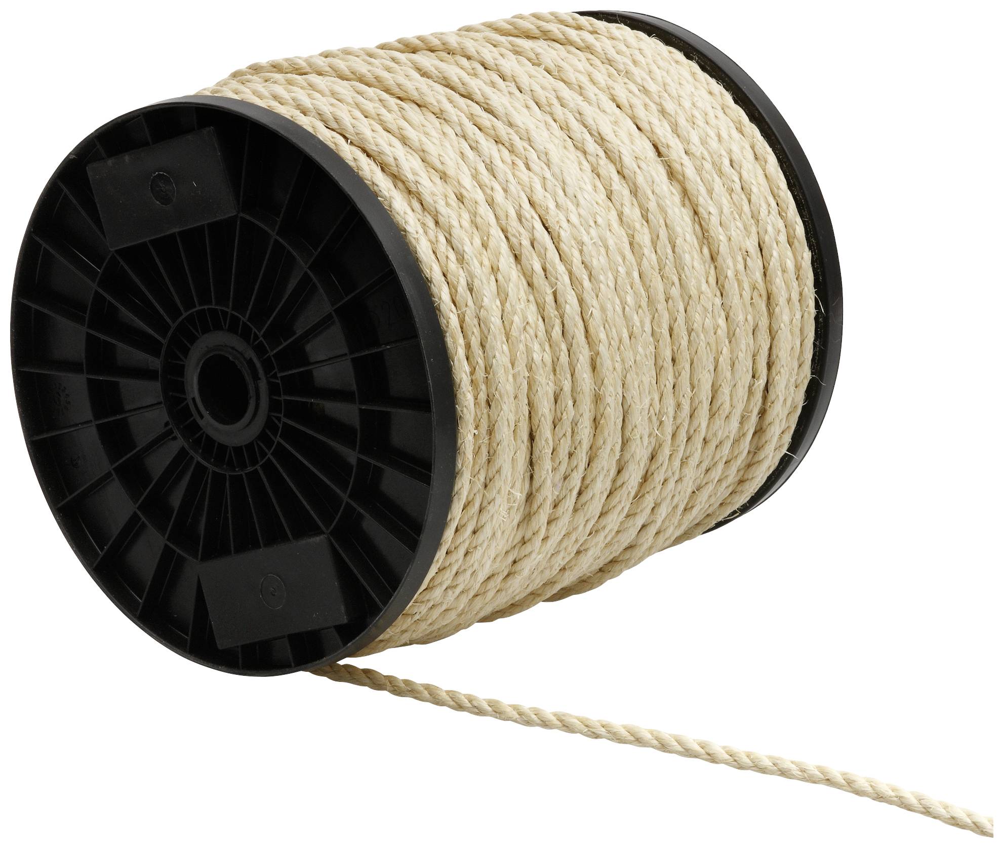 Eine große schwarze Spule mit beigem Seil, das eng umwickelt ist. Das Seilende hängt lose von der Spule herunter.