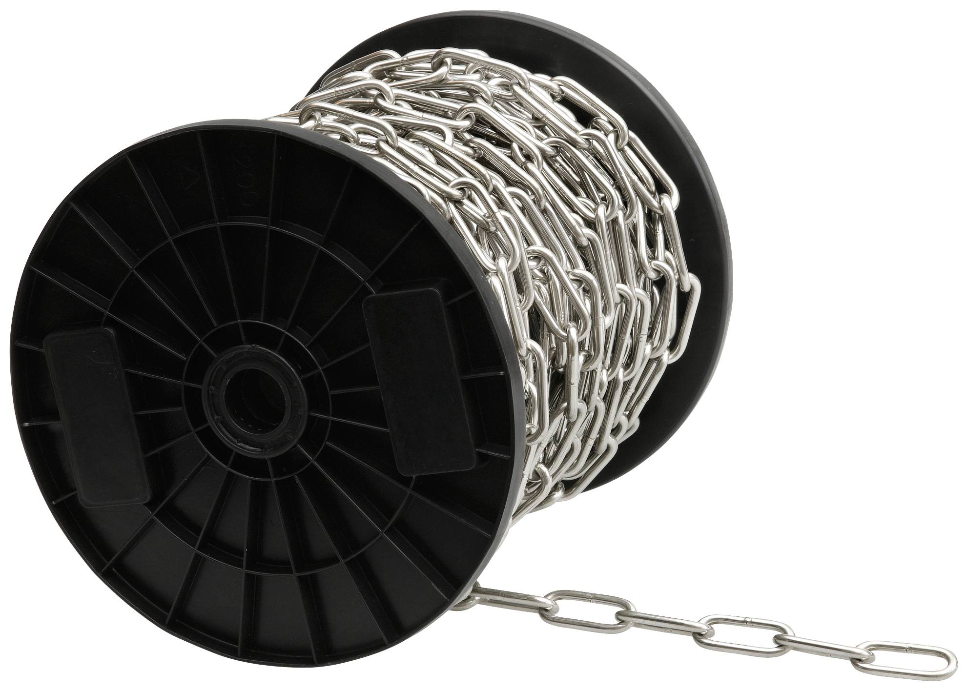 Eine schwarze Rolle mit aufgerollter Metallkette. Ein kurzes Stück der Kette hängt von der Rolle herunter.