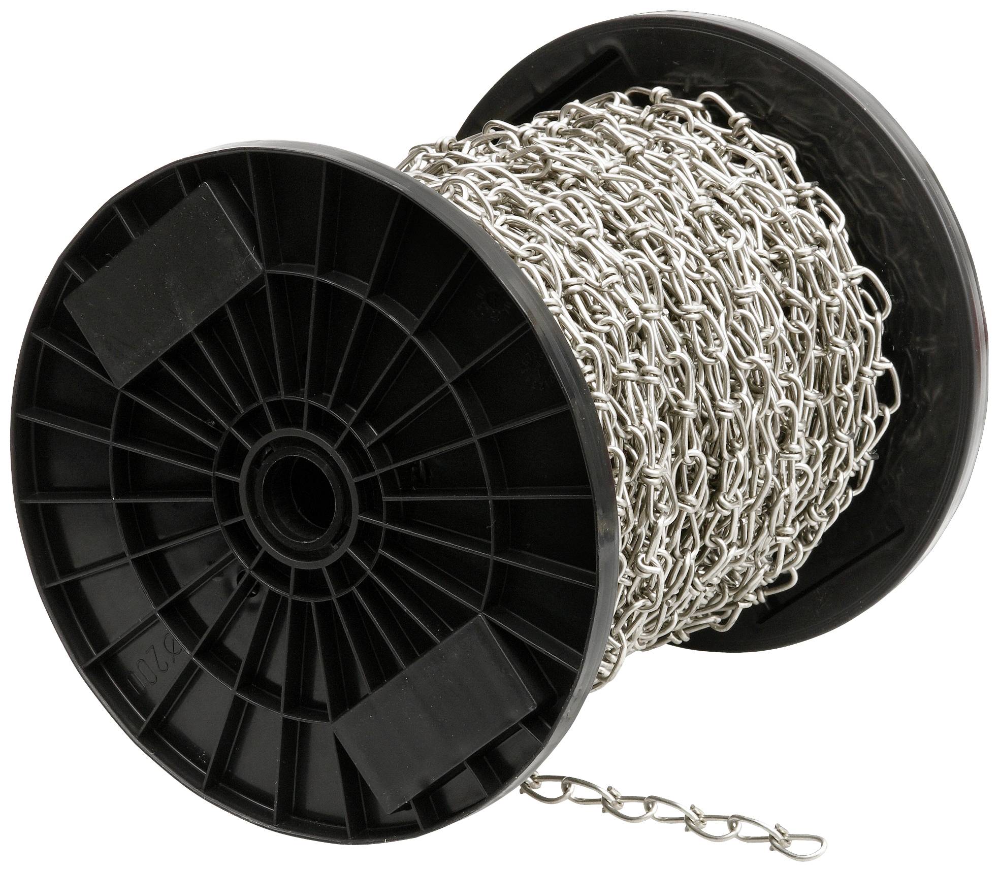 Eine schwarze Spule mit aufgerollter silberner Metallkette. Die Kette ist teilweise abgewickelt und hängt leicht über den Rand.