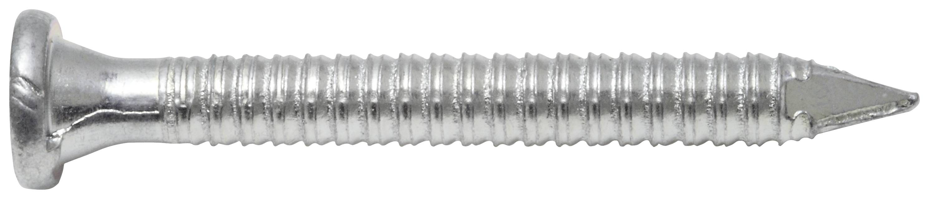 Ein silberner Stahlschraube mit flachem Kopf und spitzem Ende, geeignet für Holzarbeiten.