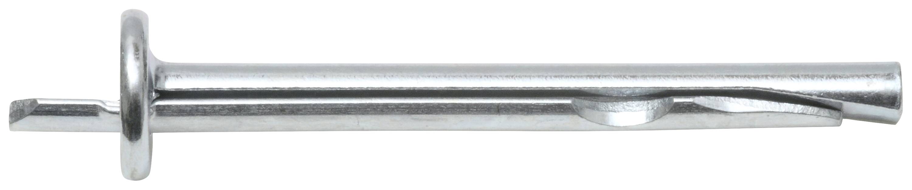 Ein silberner Metallbolzen mit einer breiten runden Basis links und einer schmalen Spitze rechts.