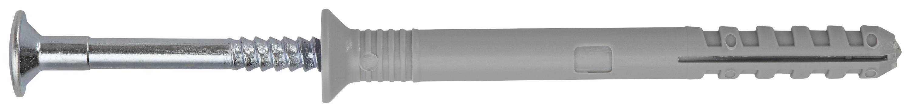 Grauer Universaldübel mit integriertem Schraubenteil, geeignet für Befestigungen in verschiedenen Materialien wie Beton oder Ziegel.