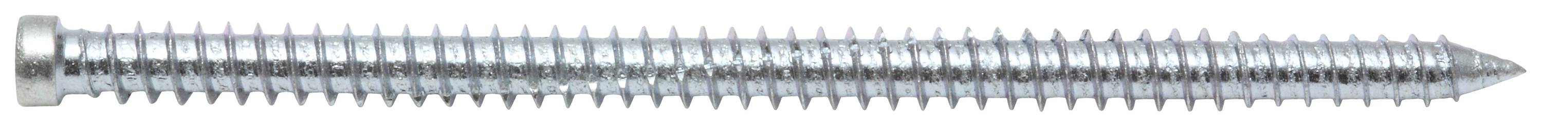 Eine silberne Holzschraube mit feinem Gewinde.